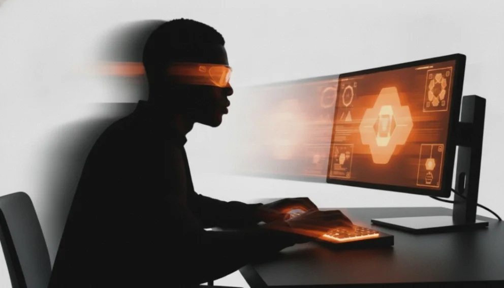 A remote creative laying out a campaign across a wide monitor